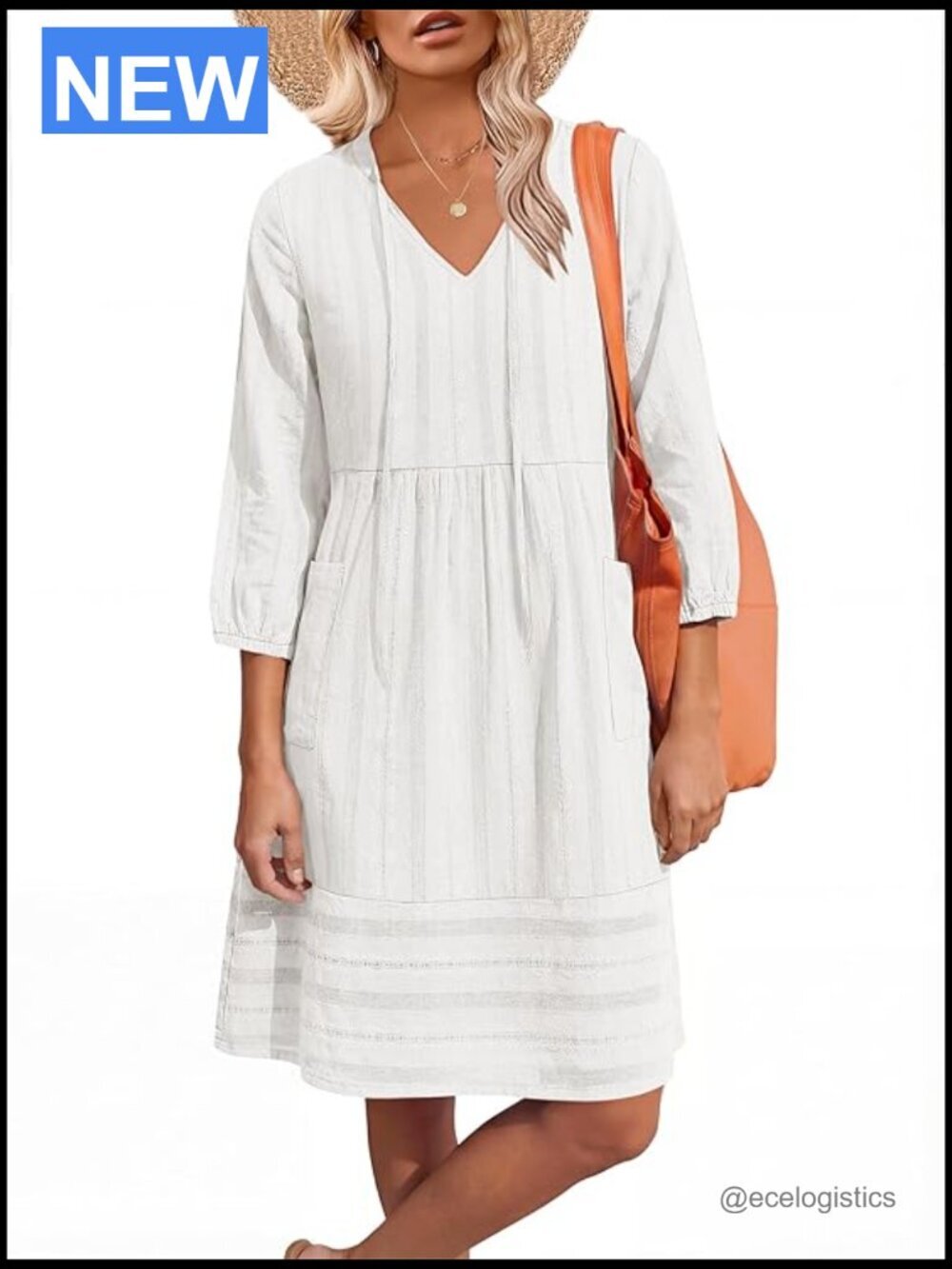 Women's Summer 3/4 Sleeve V Neck Shift Dress with Pockets